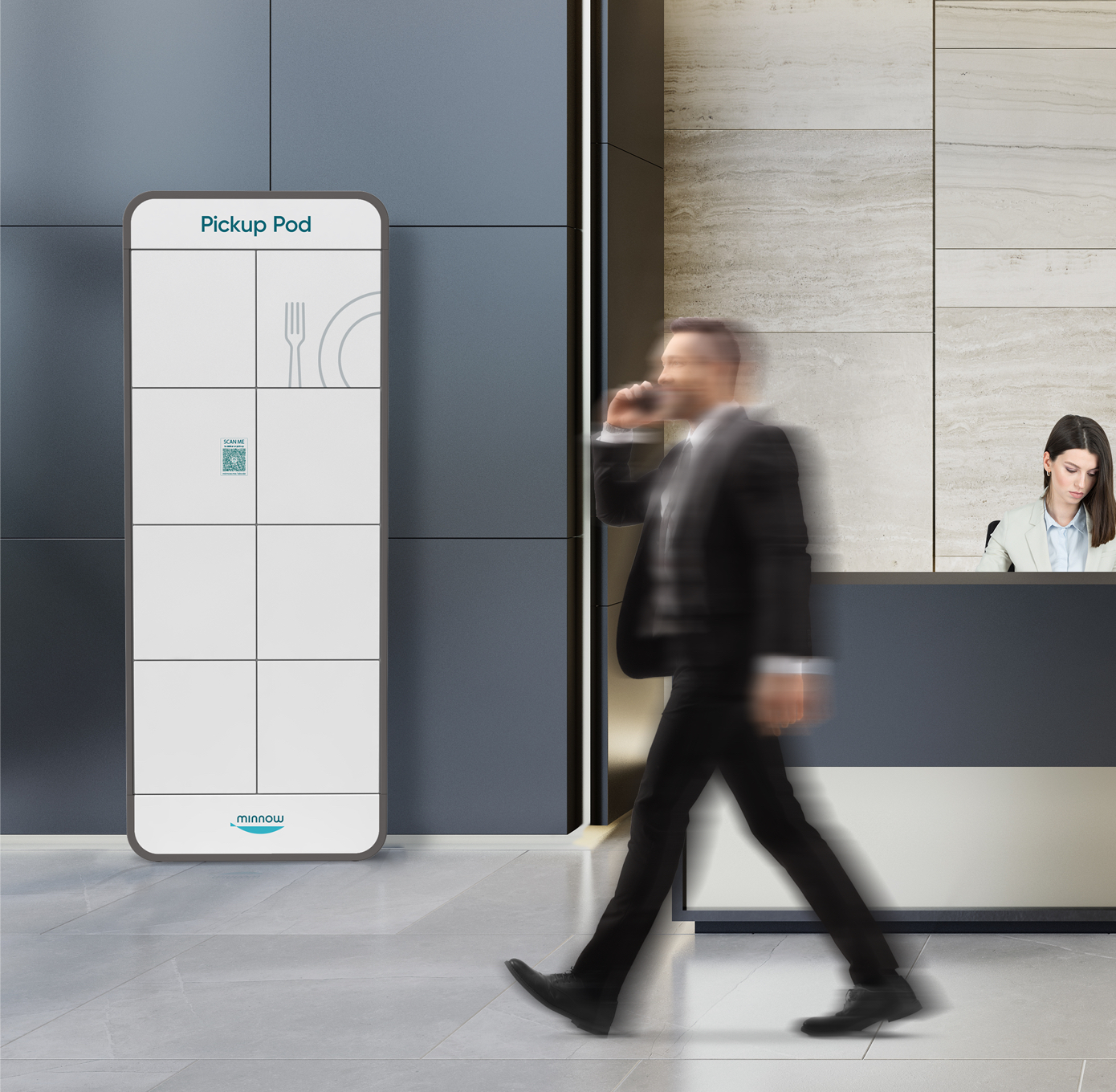 A businessman in a suit walking past the Pickup Pod in the lobby of his office building.