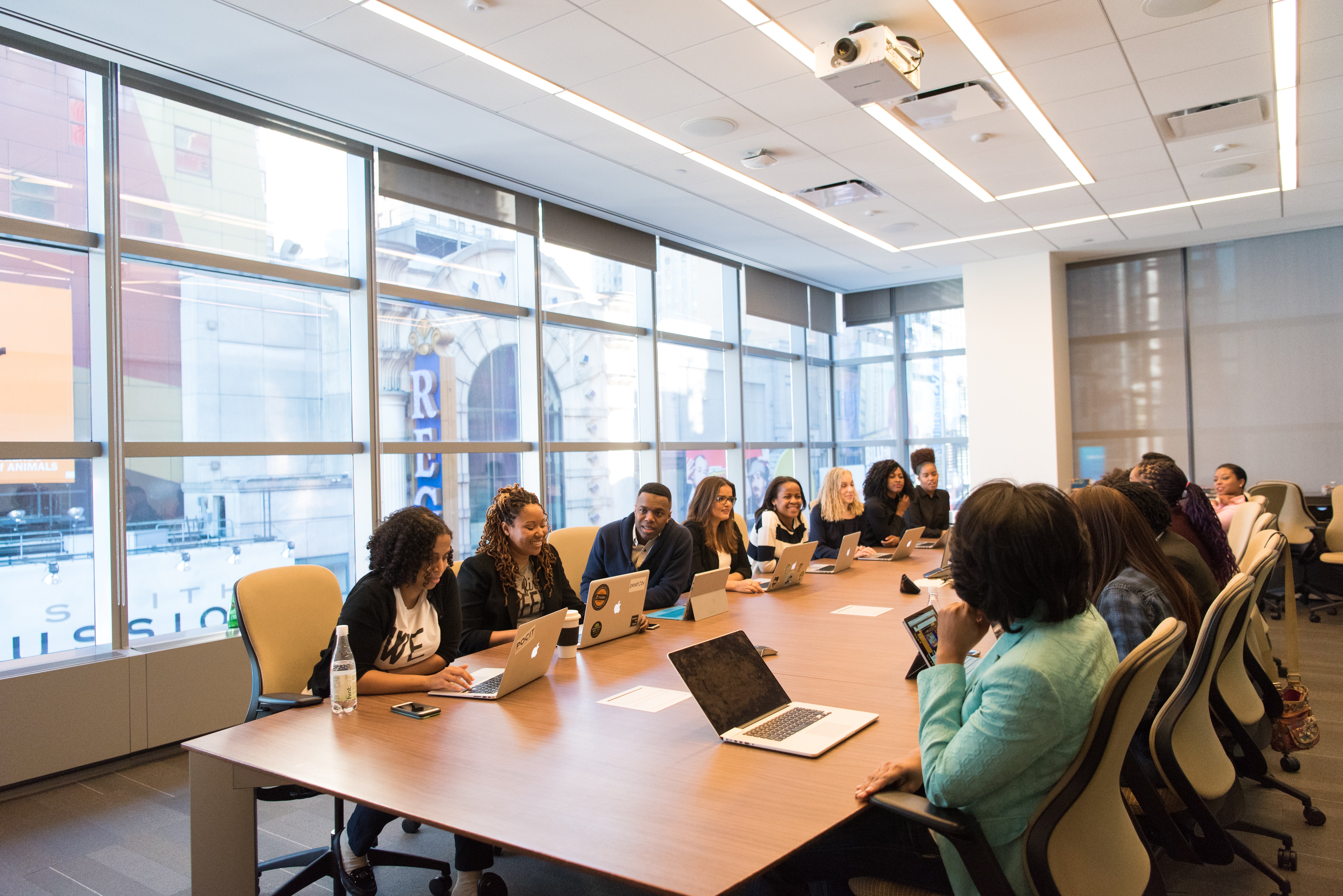 Coworkers sitting around a conference table.